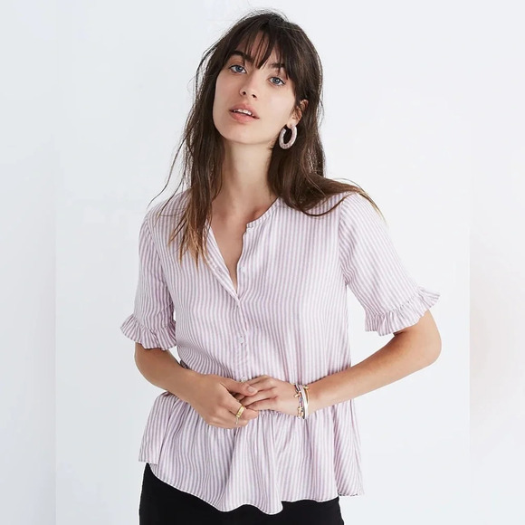 MADEWELL‎ Studio Ruffle Hem Top in Serene Lavender Stripe - Picture 1 of 10